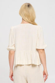Renee C Linen Puff Sleeve Front Bow Top | Tops Daverri Fashions