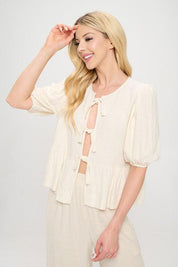 Renee C Linen Puff Sleeve Front Bow Top | Tops Daverri Fashions