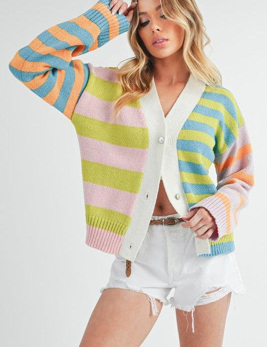 Aemi+Co Striped Drop Shoulder Button Up Cardigan Sweater | Sweaters Daverri Fashions