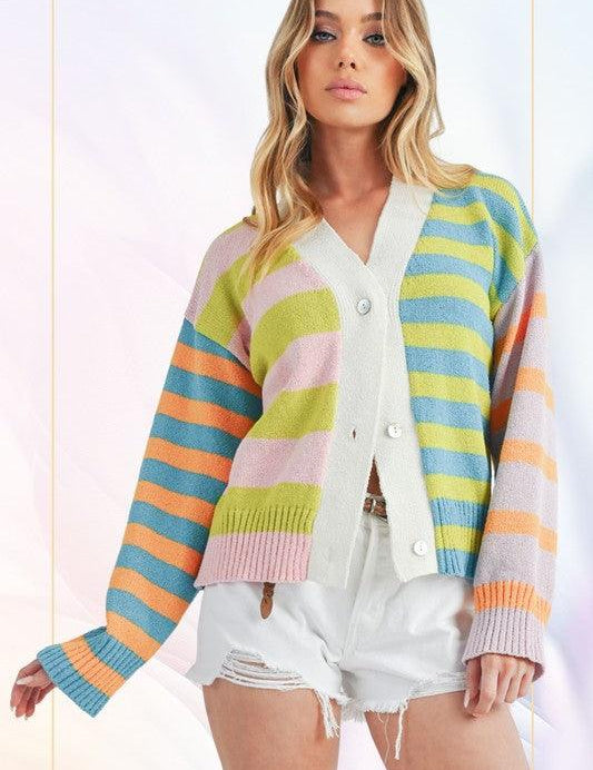 MULTI S Aemi+Co Striped Drop Shoulder Button Up Cardigan Sweater | Sweaters Daverri Fashions