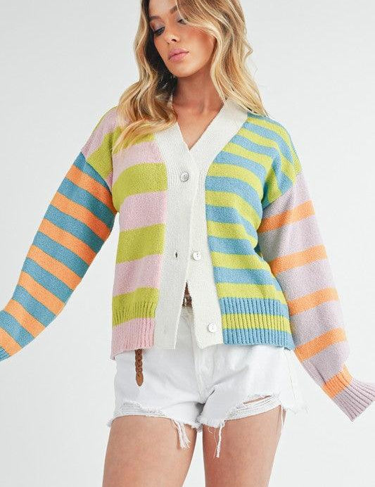 Aemi+Co Striped Drop Shoulder Button Up Cardigan Sweater | Sweaters Daverri Fashions