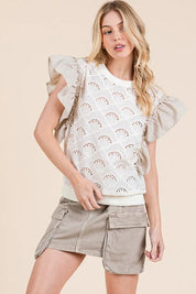 Lime 'N' Chili Ruffle Cap Sleeve Embroidered Eyelet Blouse | Daverri Fashions