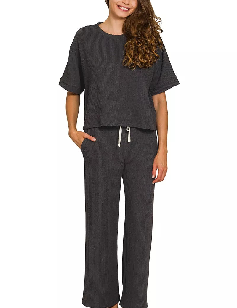 BLACK Zenana Raised Rib Short Sleeve Tee & Pants Set | Loungewear Sets Daverri Fashions