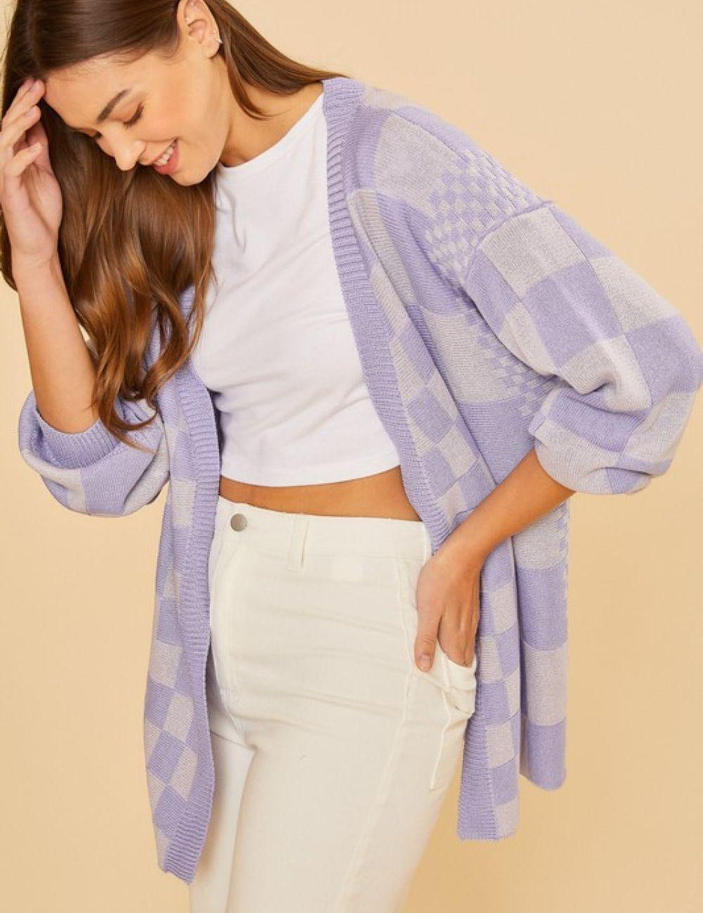 Annie Wear Checkered Open Front Drop Shoulder Cardigan | Cardigans Daverri Fashions