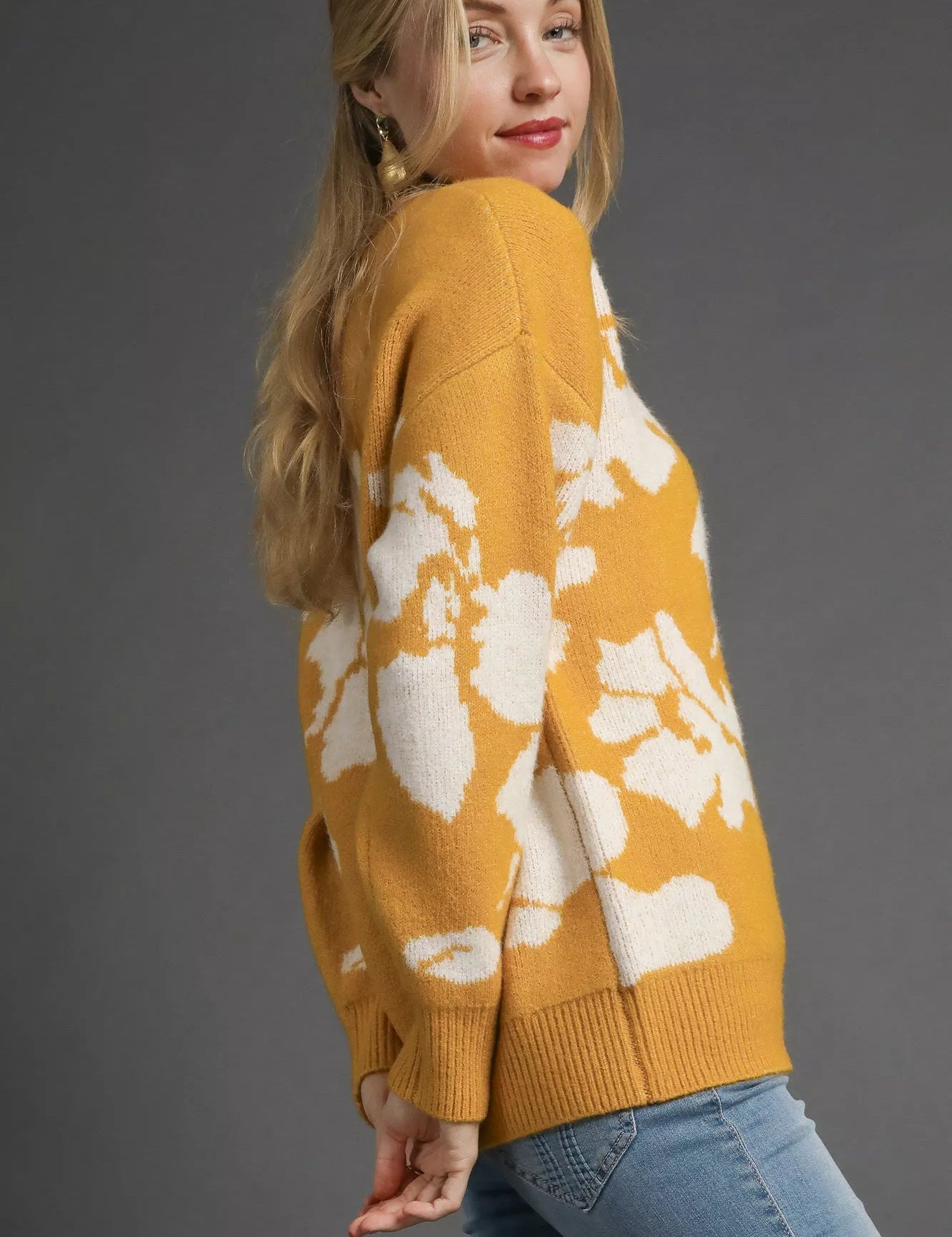 Umgee Floral Long Sleeve Sweater Mustard | Sweaters Daverri Fashions