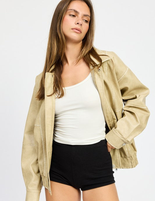 NATURAL Vintage PU Oversized Bomber Jacket | Jackets Daverri Fashions