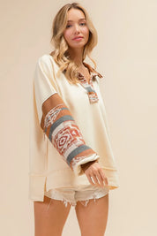 BiBi French Terry Knit and Aztec Print Mixed Top | Tops Daverri Fashions