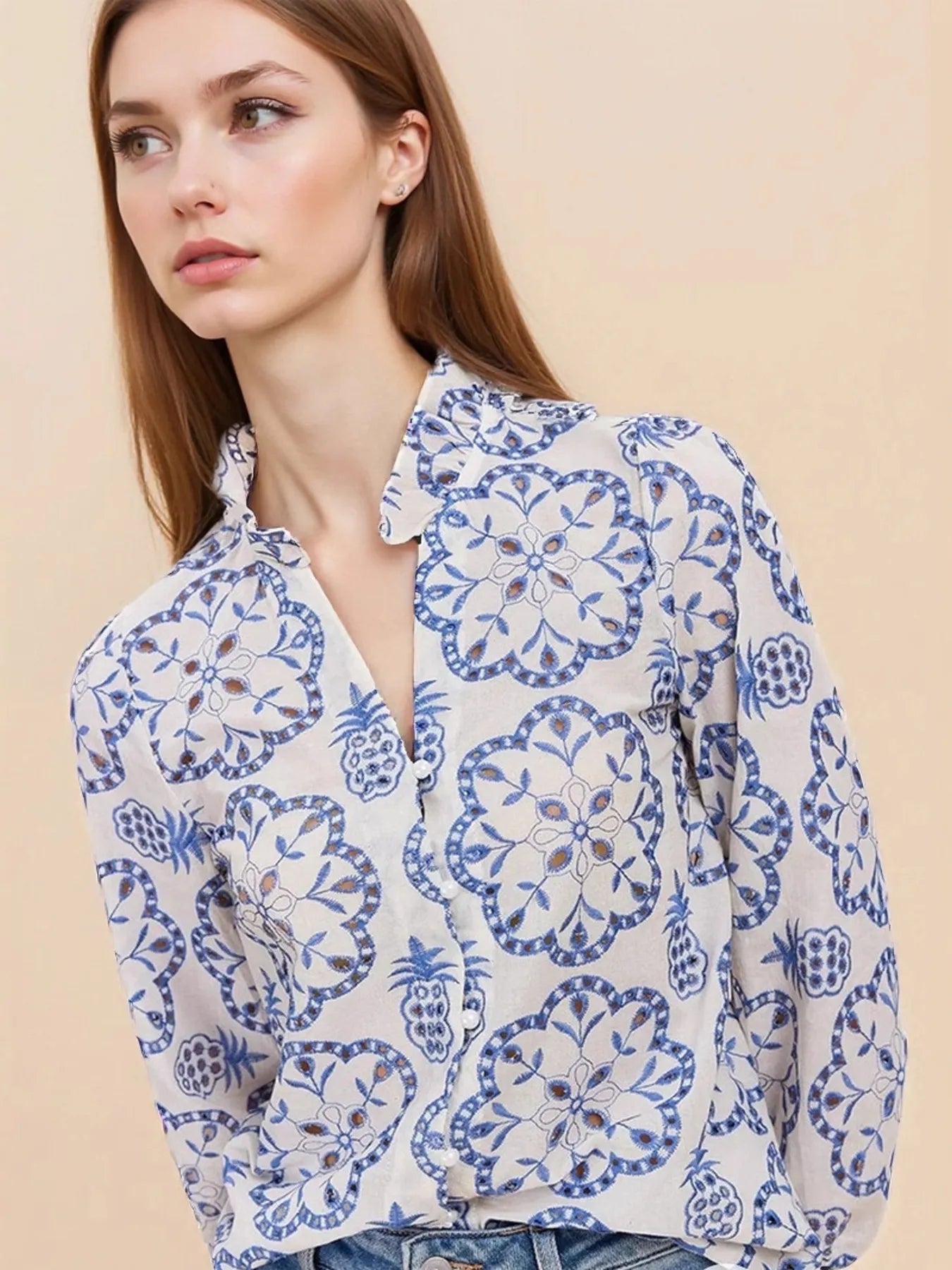 Eyelet Embroidered Long Sleeve Shirt | Shirts Daverri Fashions