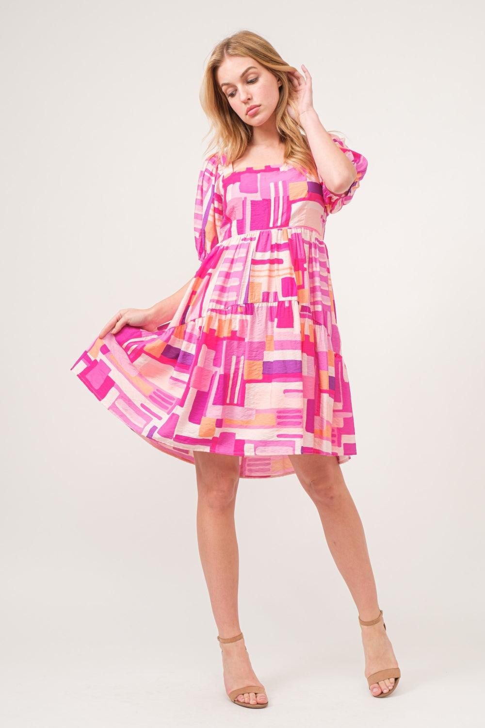 And The Why Color Block Puff Sleeve Dress | Daverri Fashions
