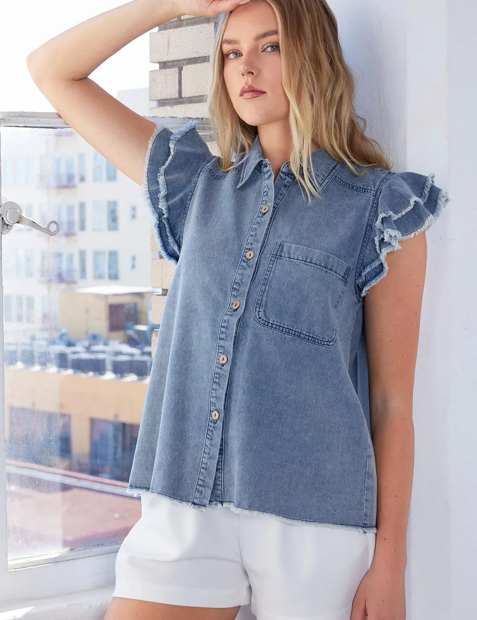 DENIM Mittoshop Washed Denim Ruffle Short Sleeve Collared Shirt | Shirts Daverri Fashions