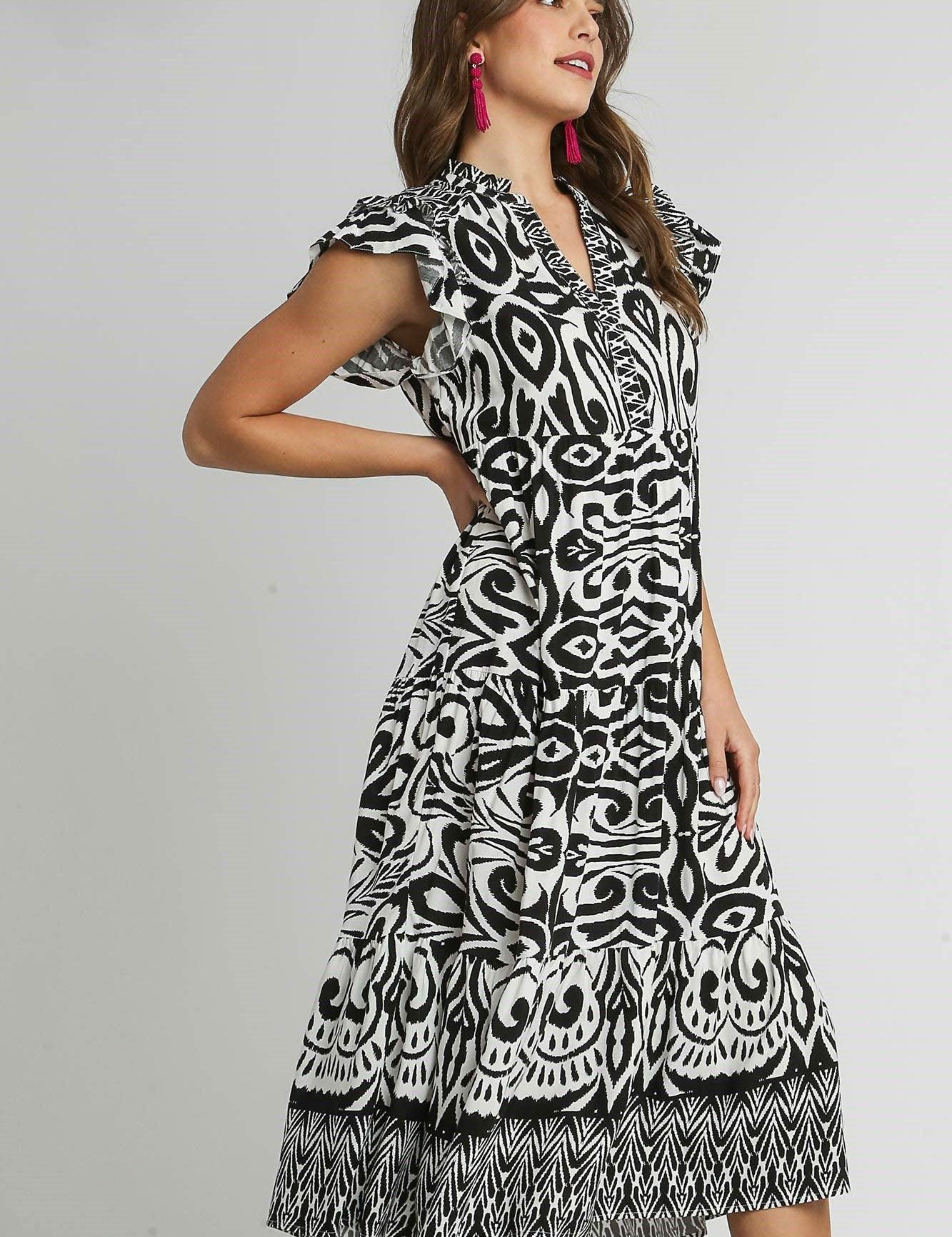 Umgee Two Tone Border Print Ruffle Cap Sleeve Midi Dress | Mid Dresses Daverri Fashions