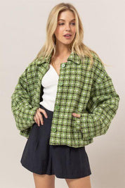 Green HYFVE Tweed Plaid Button Up Collared Neck Jacket | Jackets Daverri Fashions