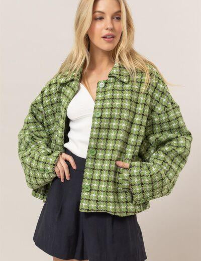 Green HYFVE Tweed Plaid Button Up Collared Neck Jacket | Jackets Daverri Fashions