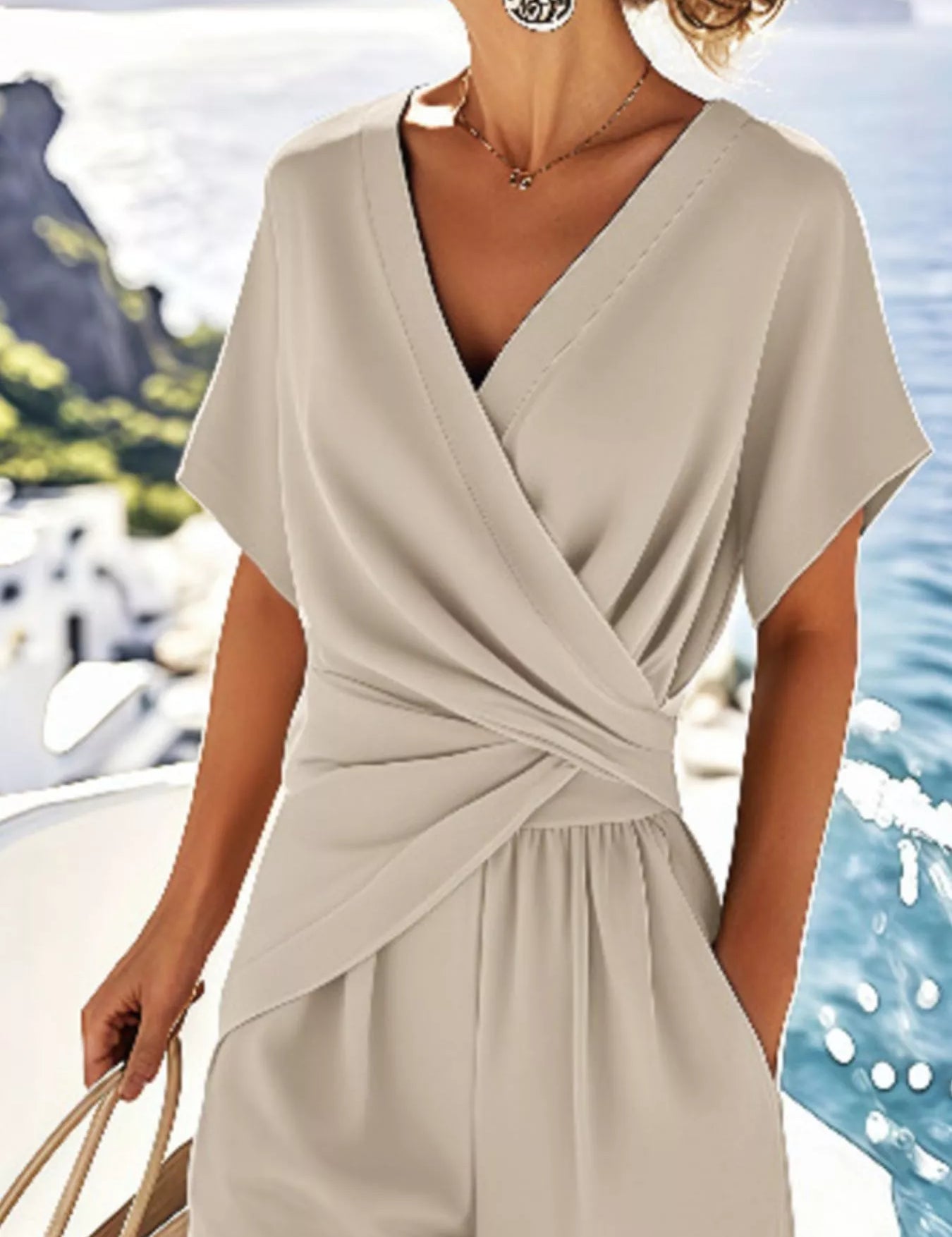 Full Size Surplice Short Sleeve Top and Pants Set Plus Size | Outfit Sets Daverri Fashions