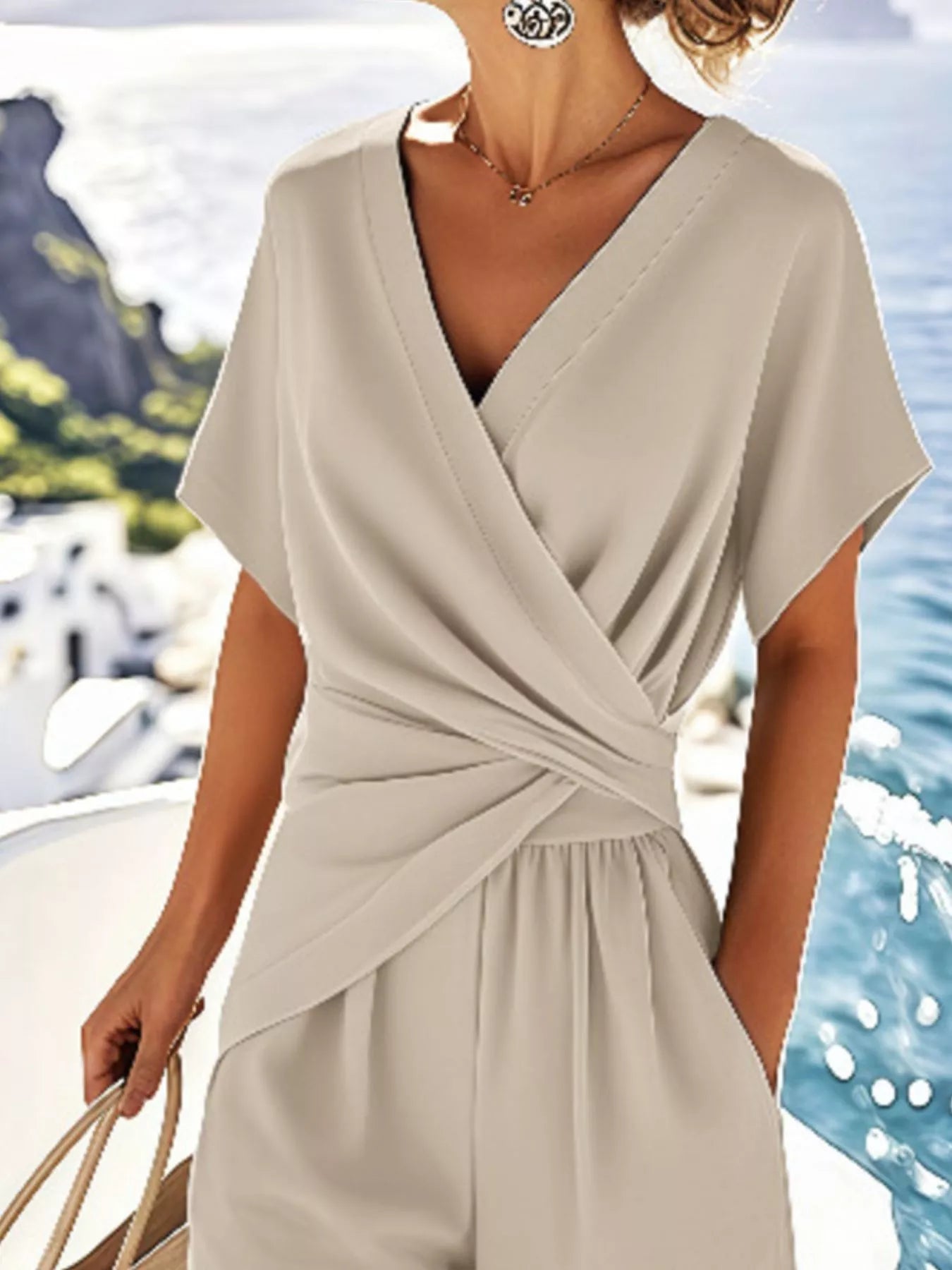 Full Size Surplice Short Sleeve Top and Pants Set Plus Size | Outfit Sets Daverri Fashions