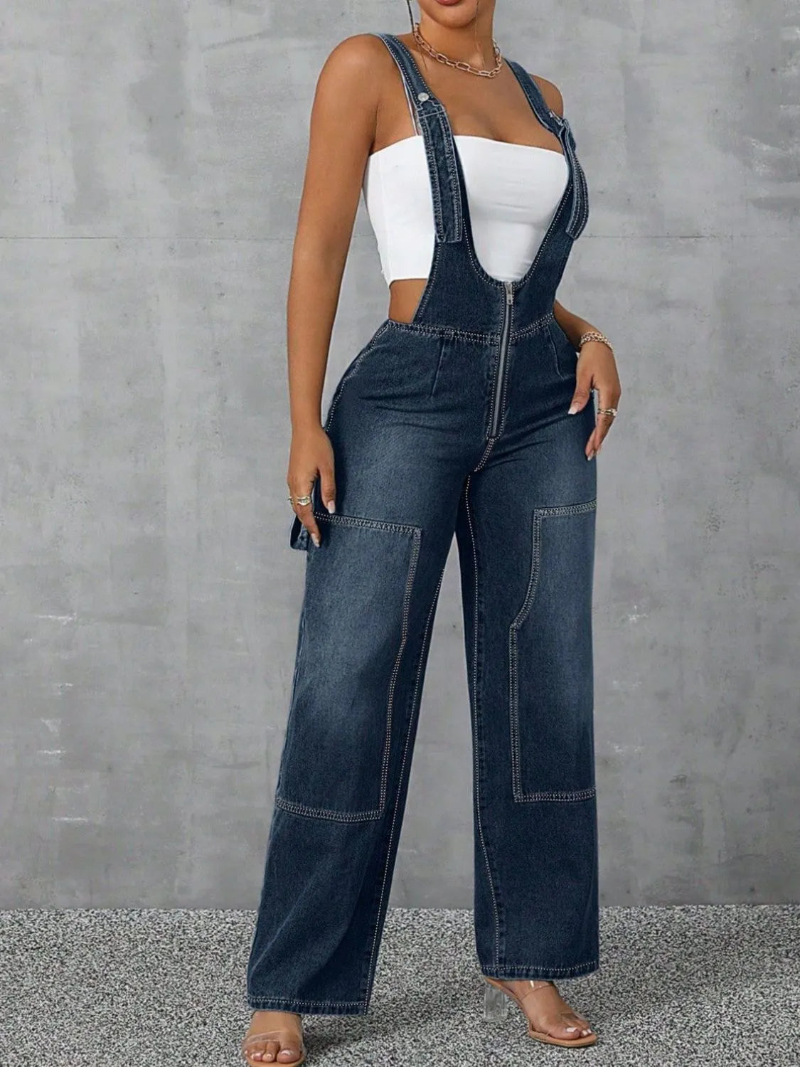 Zip Front Wide Strap Denim Overalls | Jumpsuits Daverri Fashions