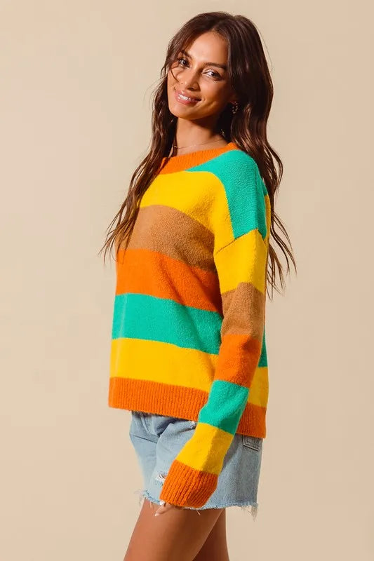 SO ME Multi Color Stripe Sweater with Ribbed Detail | Sweaters Daverri Fashions