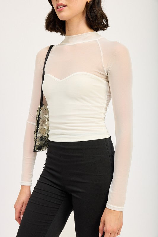 CONTRASTED SHEER RUCHED TOP | Tops Daverri Fashions