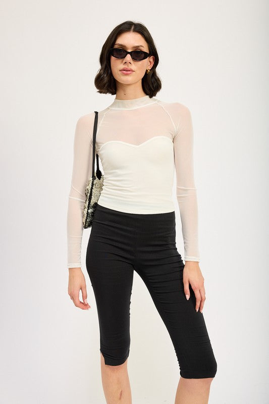 CONTRASTED SHEER RUCHED TOP | Tops Daverri Fashions