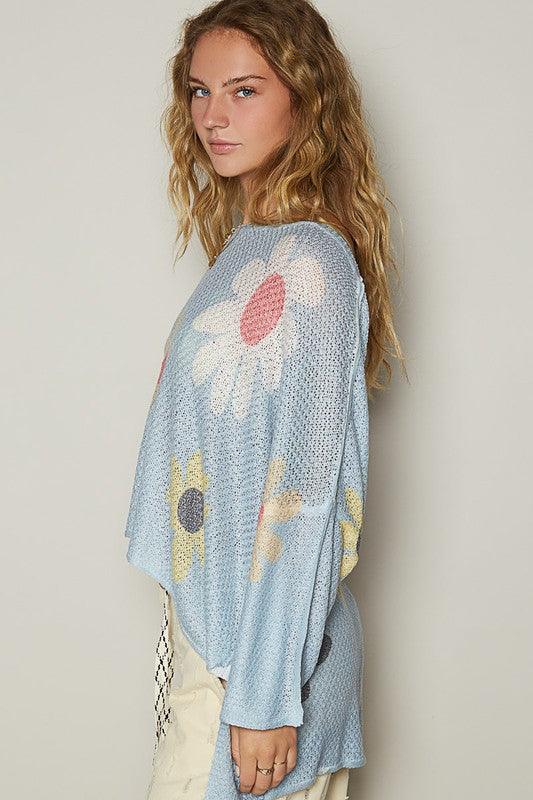 POL Flower Dropped Shoulder Long Sleeve Knit Top | Tops Daverri Fashions
