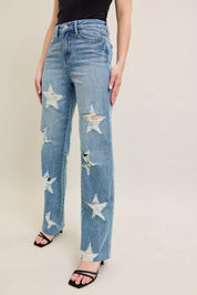 Judy Blue Full Size High Waist Rigid Magic Star Shaped Destroy 90's Straight Jeans Plus Size | Jeans Daverri Fashions