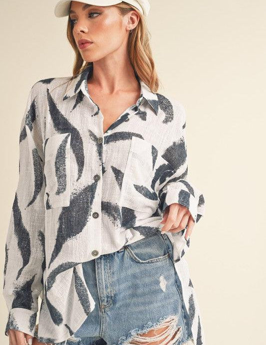 White Aemi + Co High-Low Printed Button Up Long Sleeve Shirt | Daverri Fashions