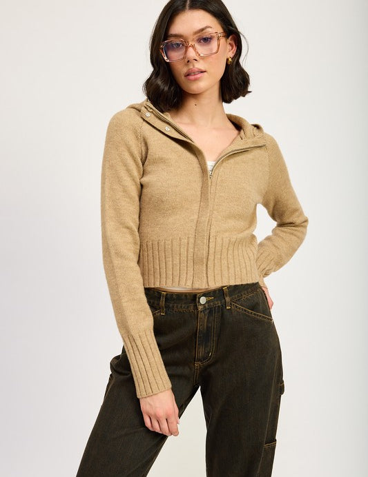 TAN CROPPED HOODIE ZIP UP | Hoodies Daverri Fashions