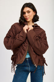 BROWN RUCHED PUFF JACKET | Jackets Daverri Fashions
