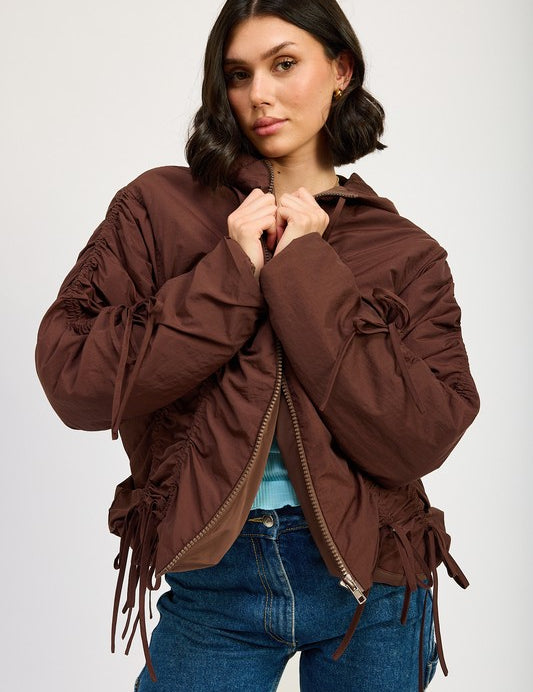 BROWN RUCHED PUFF JACKET | Jackets Daverri Fashions