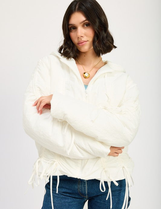 IVORY RUCHED PUFF JACKET | Jackets Daverri Fashions