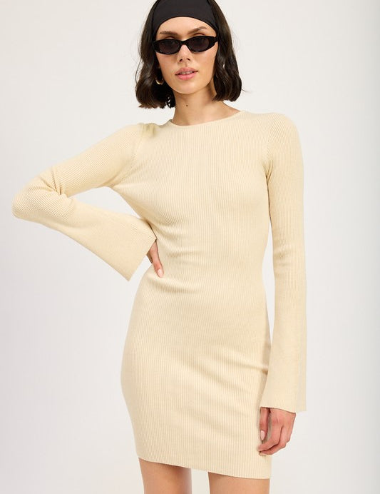 IVORY LONG SLEEVE MINI DRESS WITH BACK CUTOUT | Mini Dresses Daverri Fashions