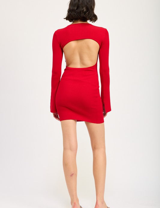 LONG SLEEVE MINI DRESS WITH BACK CUTOUT | Mini Dresses Daverri Fashions