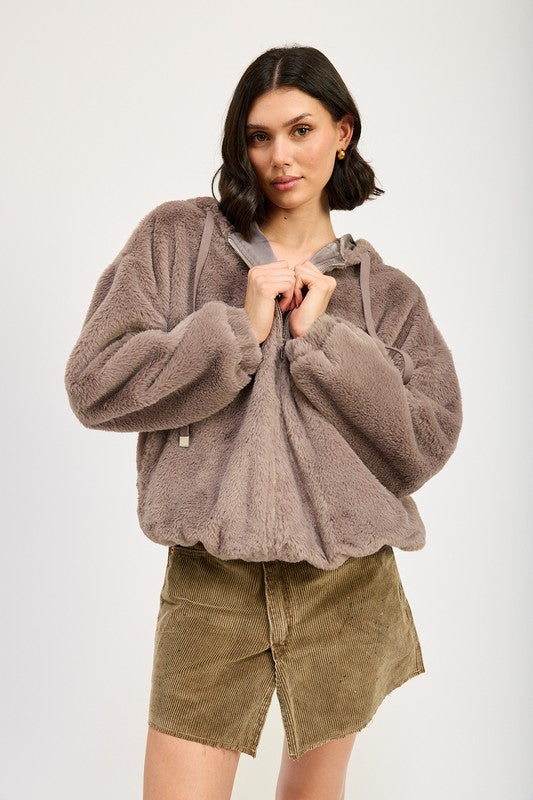 GREY FUZZY HOODED JACKET | Jackets Daverri Fashions