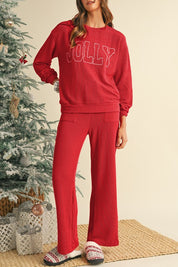 Crinkle Rib JOLLY Pattern Top and Pockets Pants Set | Loungewear Sets Daverri Fashions