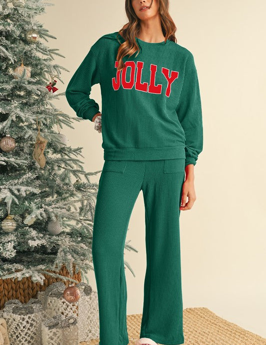Crinkle Rib JOLLY Pattern Top and Pockets Pants Set | Loungewear Sets Daverri Fashions