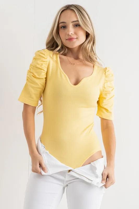 And The Why Shirring Puff Sleeve Bodysuit | Bodysuits Daverri Fashions