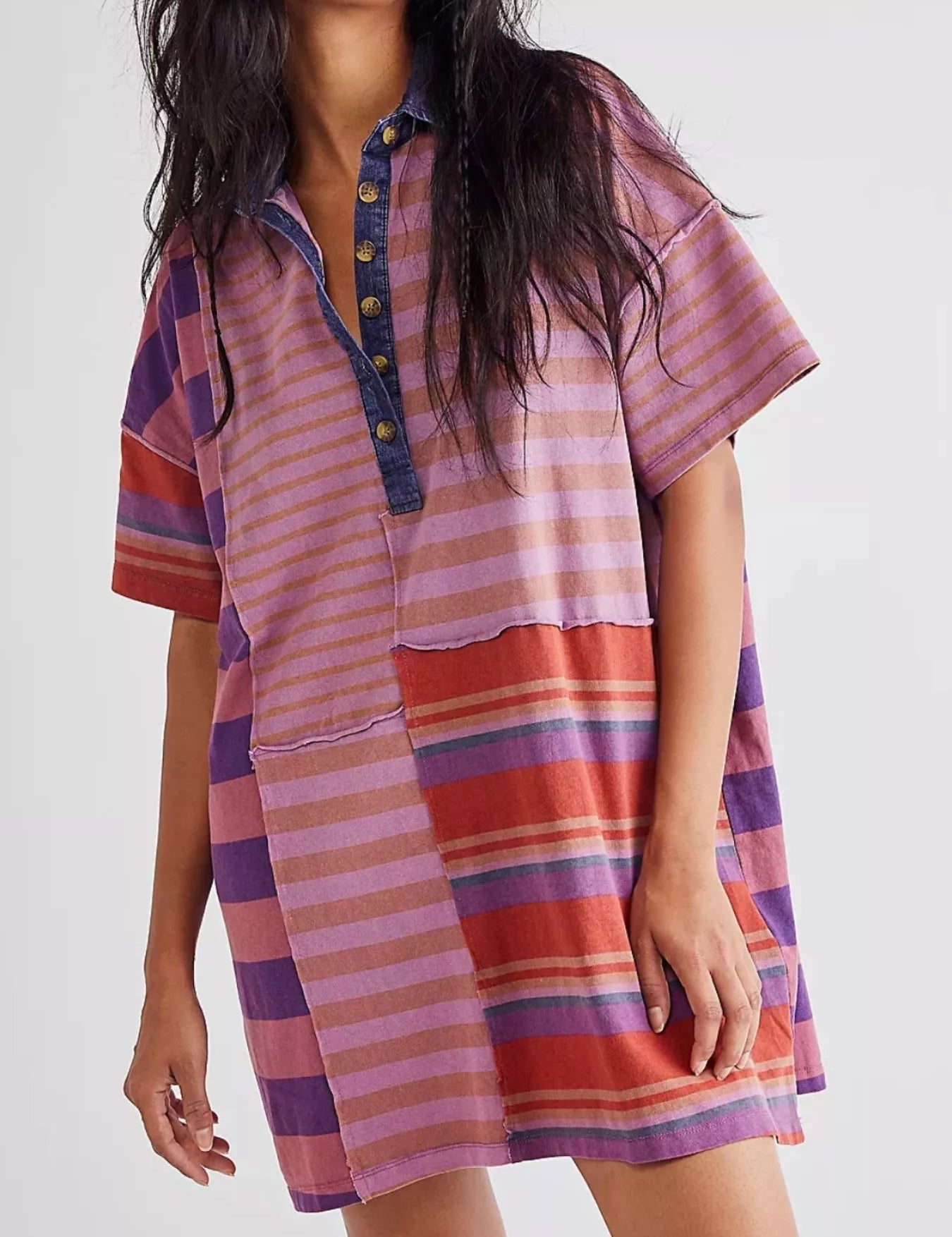 Pink And Purple Stripes Striped Oversized Half Button Shirt Dress | Mini Dresses Daverri Fashions