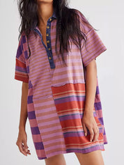 Pink And Purple Stripes Striped Oversized Half Button Shirt Dress | Mini Dresses Daverri Fashions