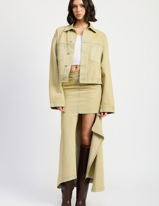 LIGHT SAND DENIM V-WAISTLINE DRAPED MAXI SKIRT WITH SLIT DETAIIL | Daverri Fashions