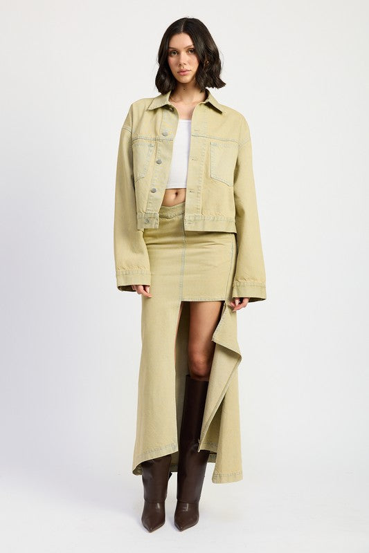 LIGHT SAND DENIM V-WAISTLINE DRAPED MAXI SKIRT WITH SLIT DETAIIL | Daverri Fashions