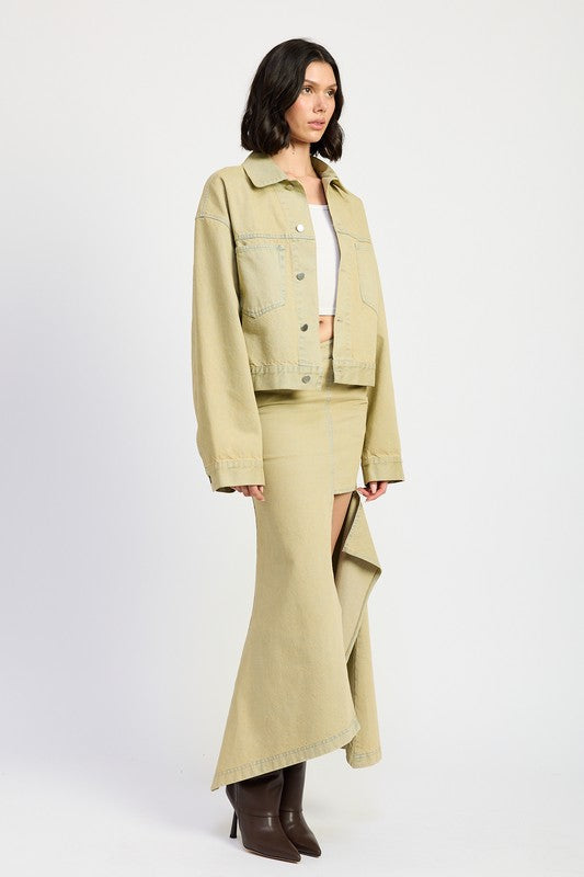 V-WAISTLINE DRAPED MAXI SKIRT WITH SLIT DETAIIL | Daverri Fashions