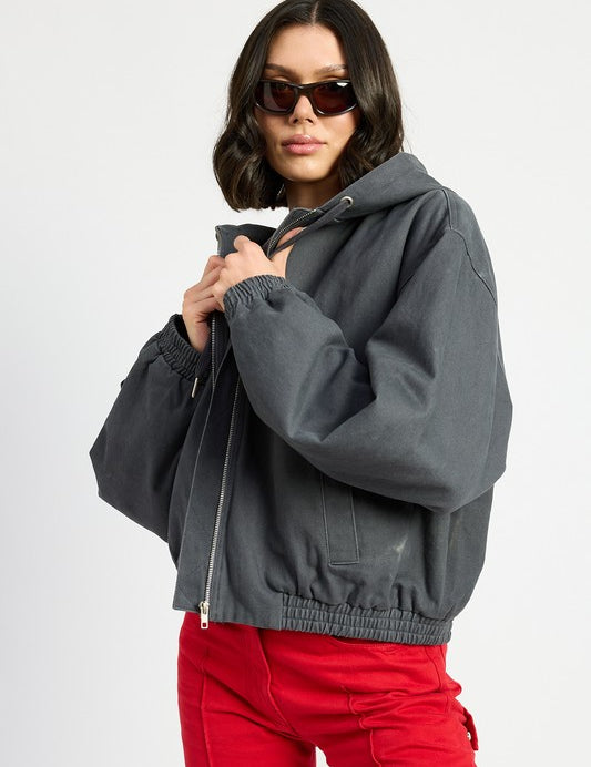 CHARCOAL VINTAGE WASHED DENIM ZIP UP HOODIE | Daverri Fashions