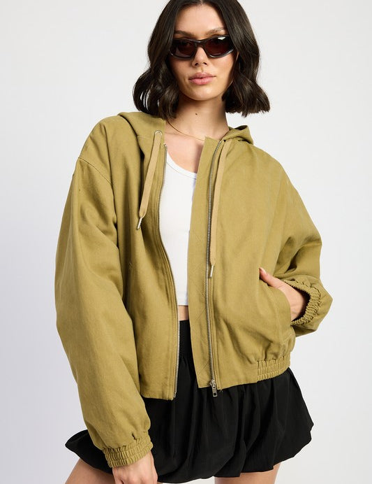 KHAKI VINTAGE WASHED DENIM ZIP UP HOODIE | Daverri Fashions