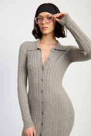 BUTTONED LONG SLEEVE CABLE KNIT DRESS | Midi Dresses Daverri Fashions