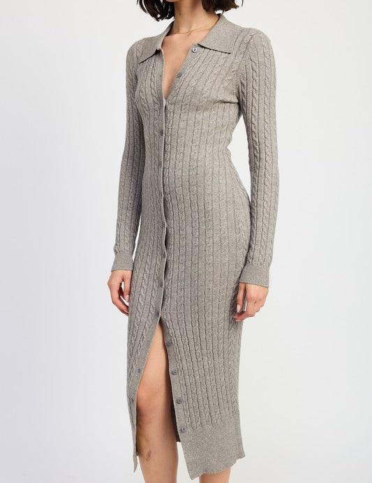 BUTTONED LONG SLEEVE CABLE KNIT DRESS | Midi Dresses Daverri Fashions
