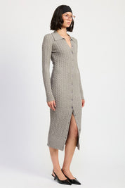 BUTTONED LONG SLEEVE CABLE KNIT DRESS | Midi Dresses Daverri Fashions