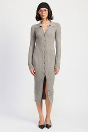 MED GREY BUTTONED LONG SLEEVE CABLE KNIT DRESS | Midi Dresses Daverri Fashions