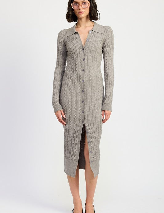 MED GREY BUTTONED LONG SLEEVE CABLE KNIT DRESS | Midi Dresses Daverri Fashions