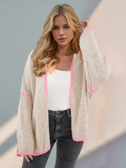Double Take Contrast Open Front Dropped Shoulder Cardigan | Cardigans Daverri Fashions