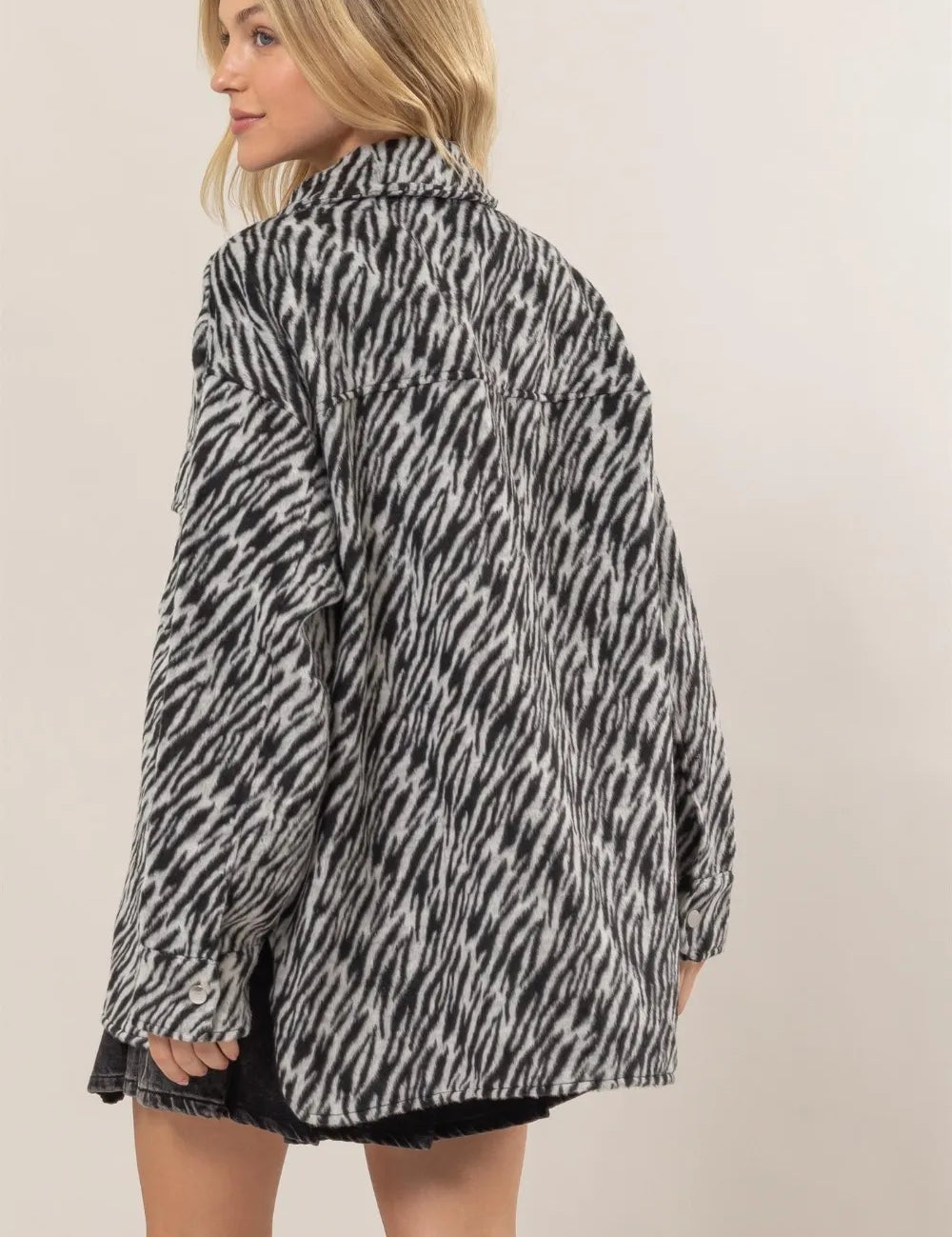 HYFVE Zebra Print Snap Down Long Sleeve Shacket | Shackets Daverri Fashions
